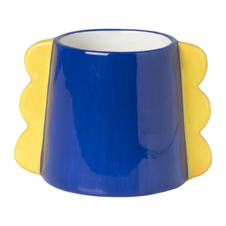 Bloempot met oortjes - blauw/geel - ø10x14.5 cm