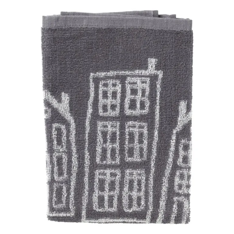 Handdoek antraciet huisjes - antraciet/wit - 50x50 cm