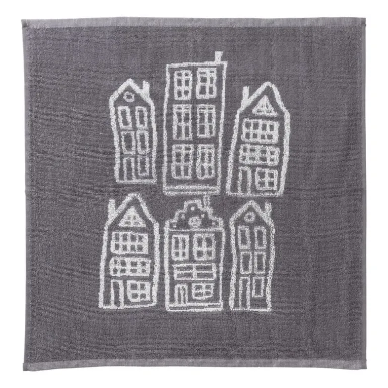 Handdoek antraciet huisjes - antraciet/wit - 50x50 cm