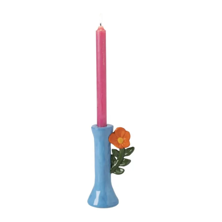Kandelaar bloem - blauw/oranje - ø10.7x18.3 cm