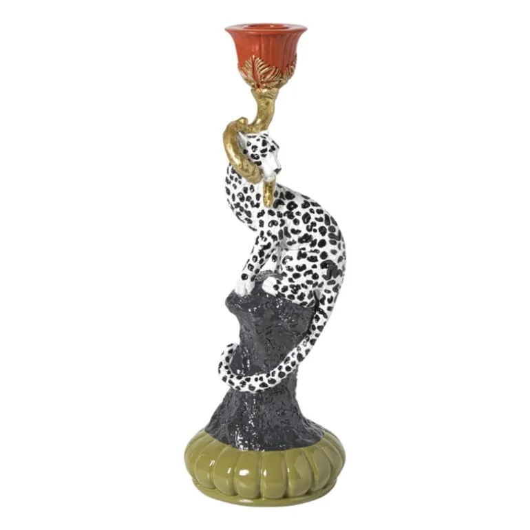 Kandelaar luipaard - zwart/wit - ø11x30 cm