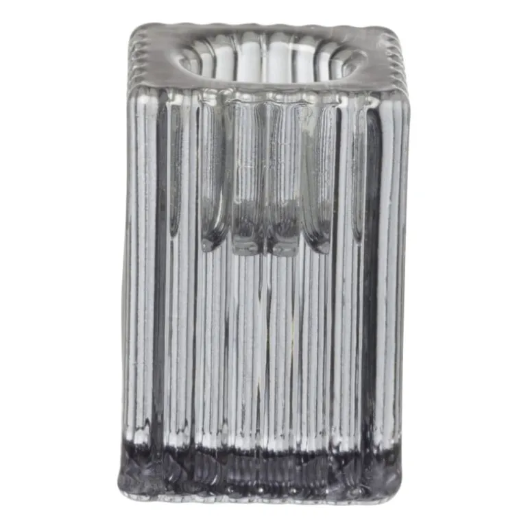Kandelaar rib glas - grijs - 4x4x6 cm