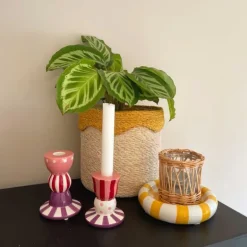 Kandelaar streep stip laag - multikleur - ø8x9 cm