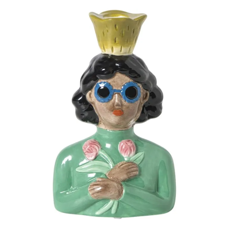 Kandelaar vrouw met bloemen - groen - 19.5x13x9 cm