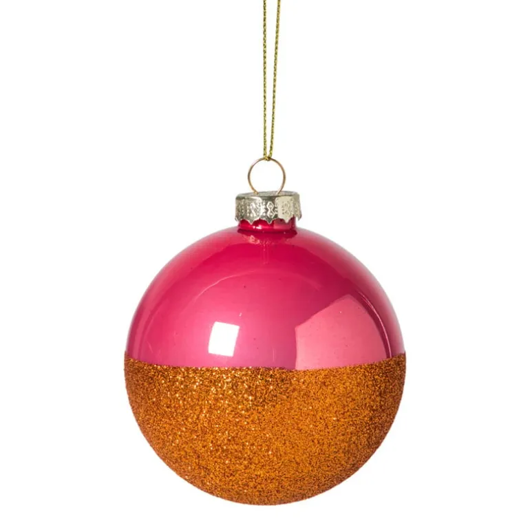 Kerstbal glitter en glans - roze/oranje