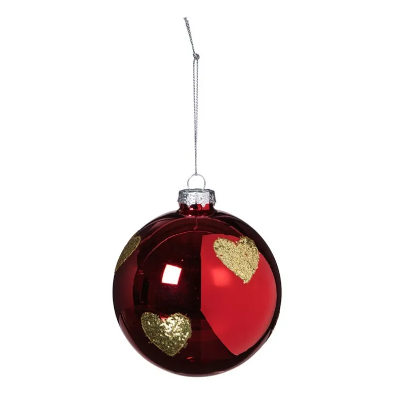 Kerstbal met gouden hartjes - rood/goud