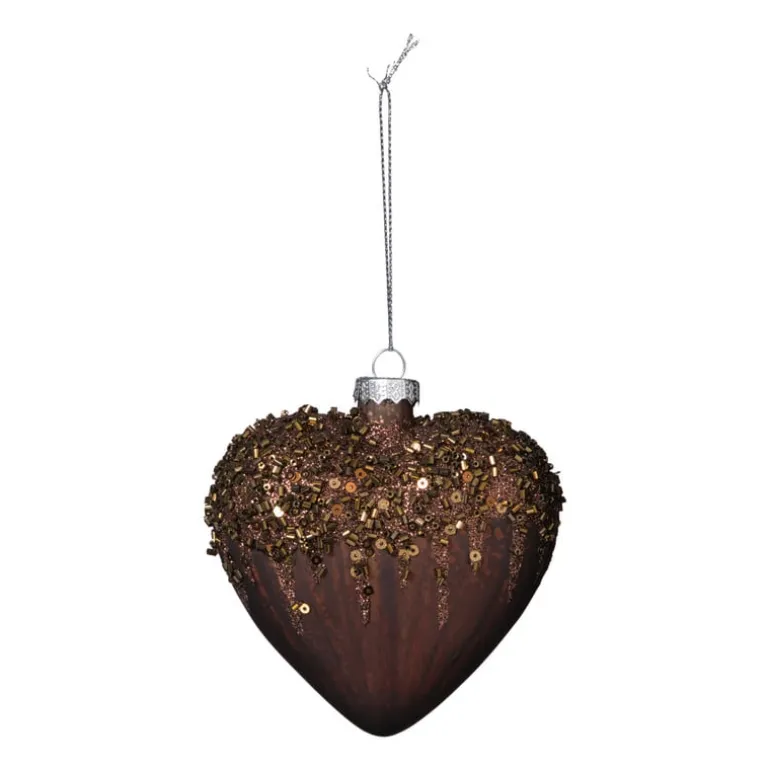 Kersthanger hart met glitters - bruin - 4x10 cm