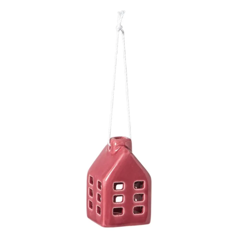 Kersthanger huisje keramiek - rood - 5.5x3.5x3.5 cm