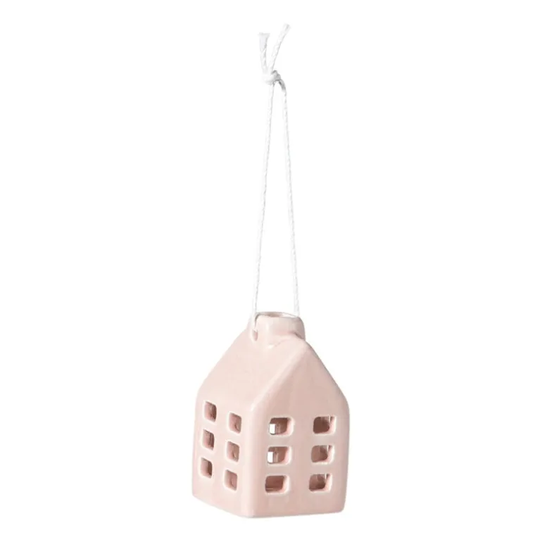 Kersthanger huisje keramiek - roze - 5.5x3.5x3.5 cm
