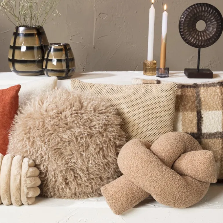 Kussen rond bontlook - beige - ø40 cm