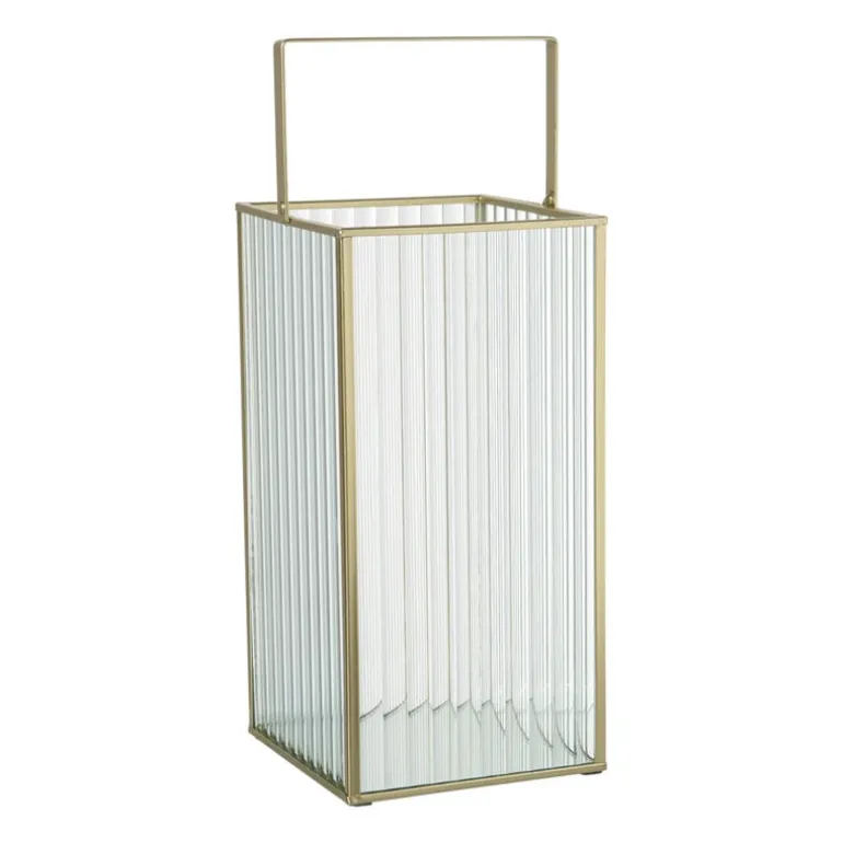 Lantaarn rib vierkant - goud/transparant - 25.5x13x13 cm