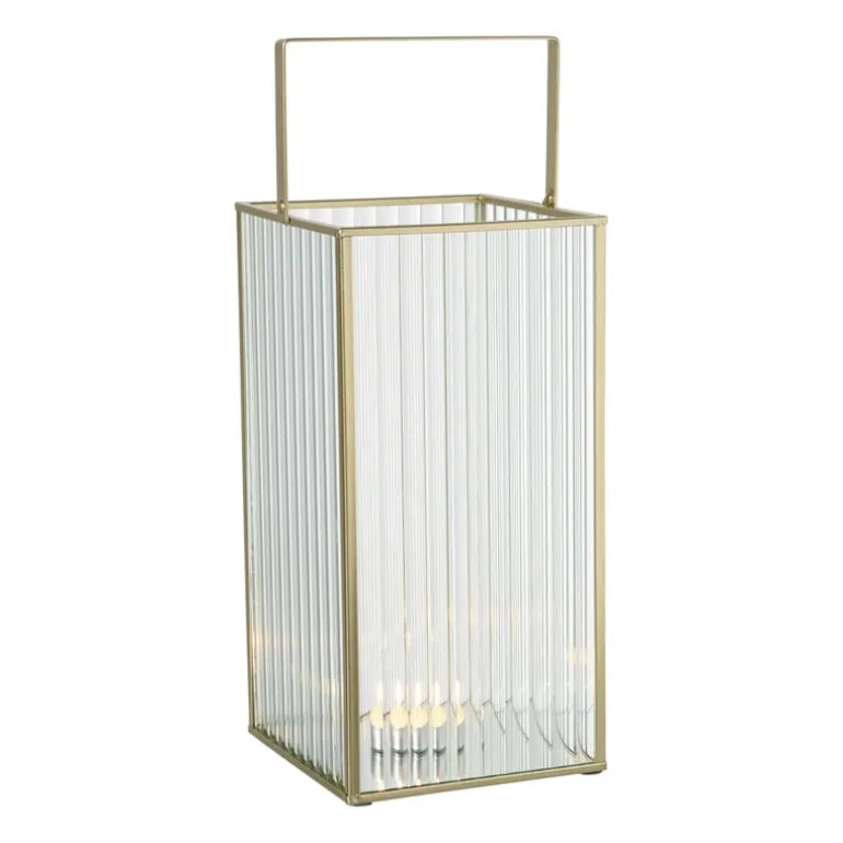 Lantaarn rib vierkant - goud/transparant - 25.5x13x13 cm