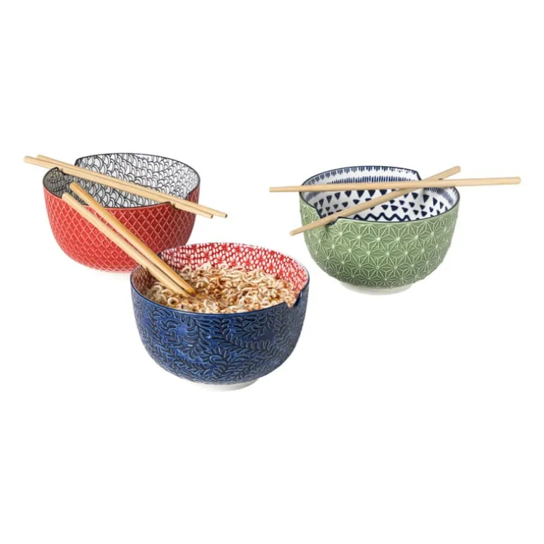 Schaaltje met eetstokjes Amber - blauw/rood - ø15x9 cm