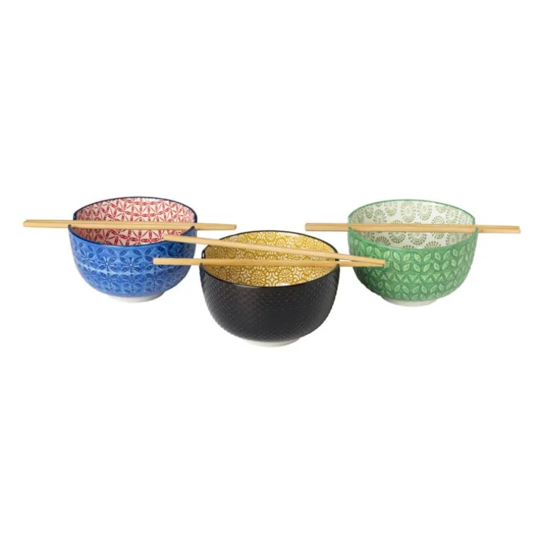 Schaaltje met eetstokjes - geel/zwart - ø14.7x9 cm
