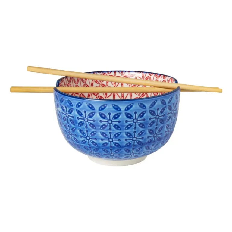 Schaaltje met eetstokjes - blauw/rood - ø14.7x9 cm