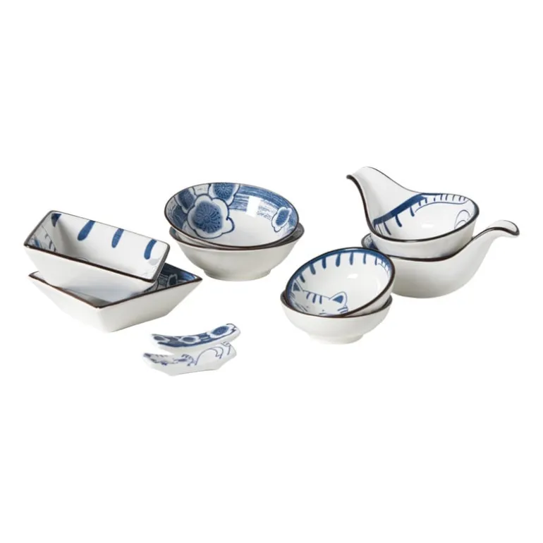 Schaaltje Mico kat groot - blauw/wit - ø10.8x3.7 cm