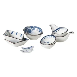 Schaaltje Mico met handvat bloemen - blauw/wit - 3x8x12.5 cm