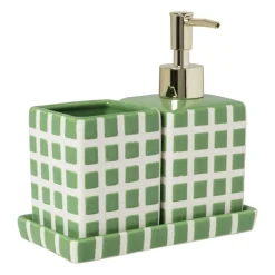 Tandenborstel beker blokjes - groen/wit - 8.8x7x7 cm