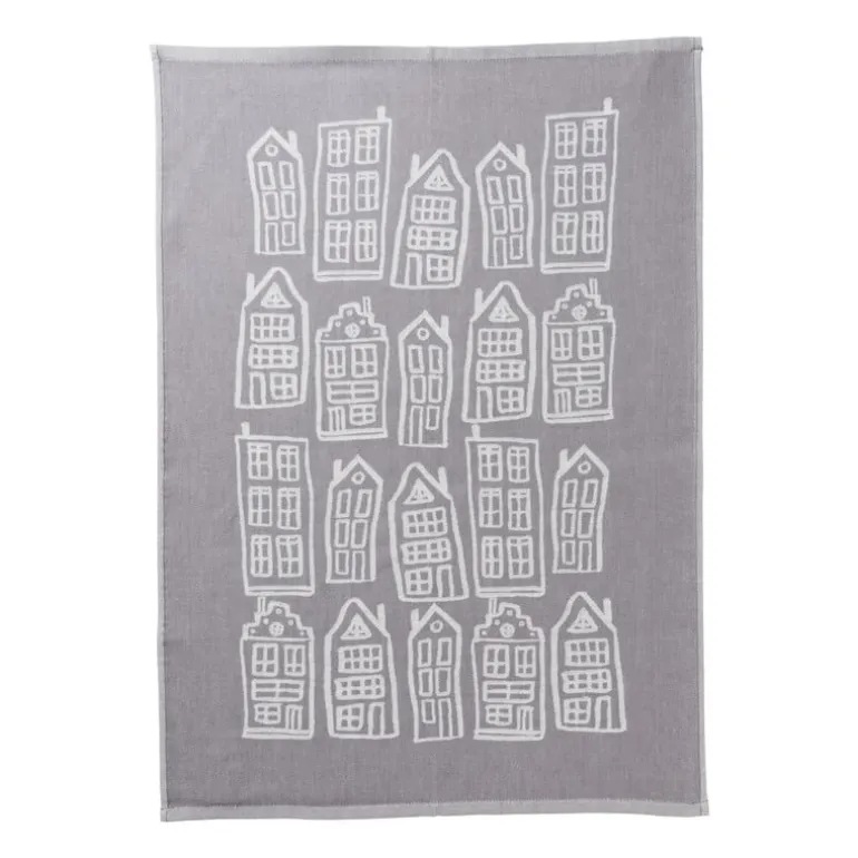 Theedoek antraciet huisjes - antraciet/wit - 50x70 cm