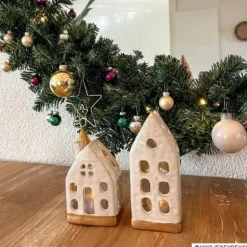 Theelichthouder huis - glazed - 6.5x4.5x16.5 cm