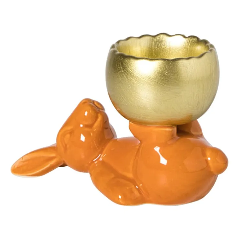 Waxinelichthouder haas - oranje/goudkleurig - 8.5x13x6.5 cm