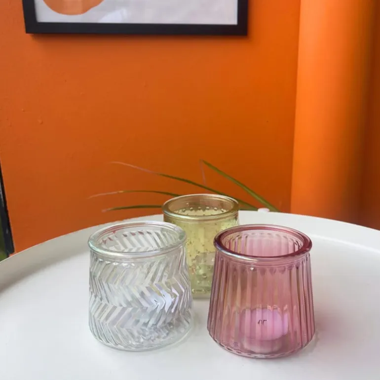 Waxinelichthouder roze - glas - ø8.3x7.3 cm